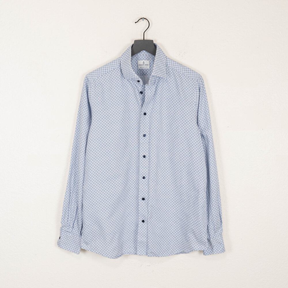 Emanuel Berg Modern Fit Dress Shirt White blue geo print sz M/L 16